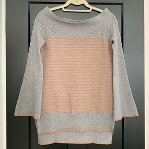 Anthropologie Boat Neck, Gray Sweater w/Orange Stripes. Bell Sleeves. Size XS